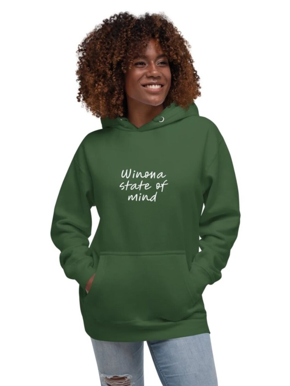Cotton Heritage Dark Green Pullover Hoodie with Kangaroo Pocket White script Med